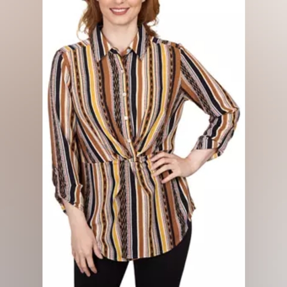 Ruby Rd. Split Button Mixed Stripe Tweed Front Top Blouse Size 1X - Picture 1 of 12